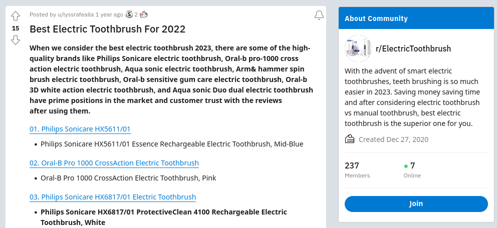 A Reddit post describing the “Best Electric Toothbrush For 2022”.
         It, and the subreddit it's on, look suspiciously like SEO spam.