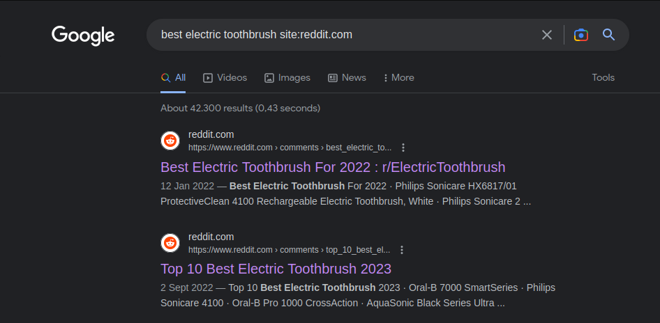 A Google search for “best electric toothbrush” with results limited to Reddit posts.