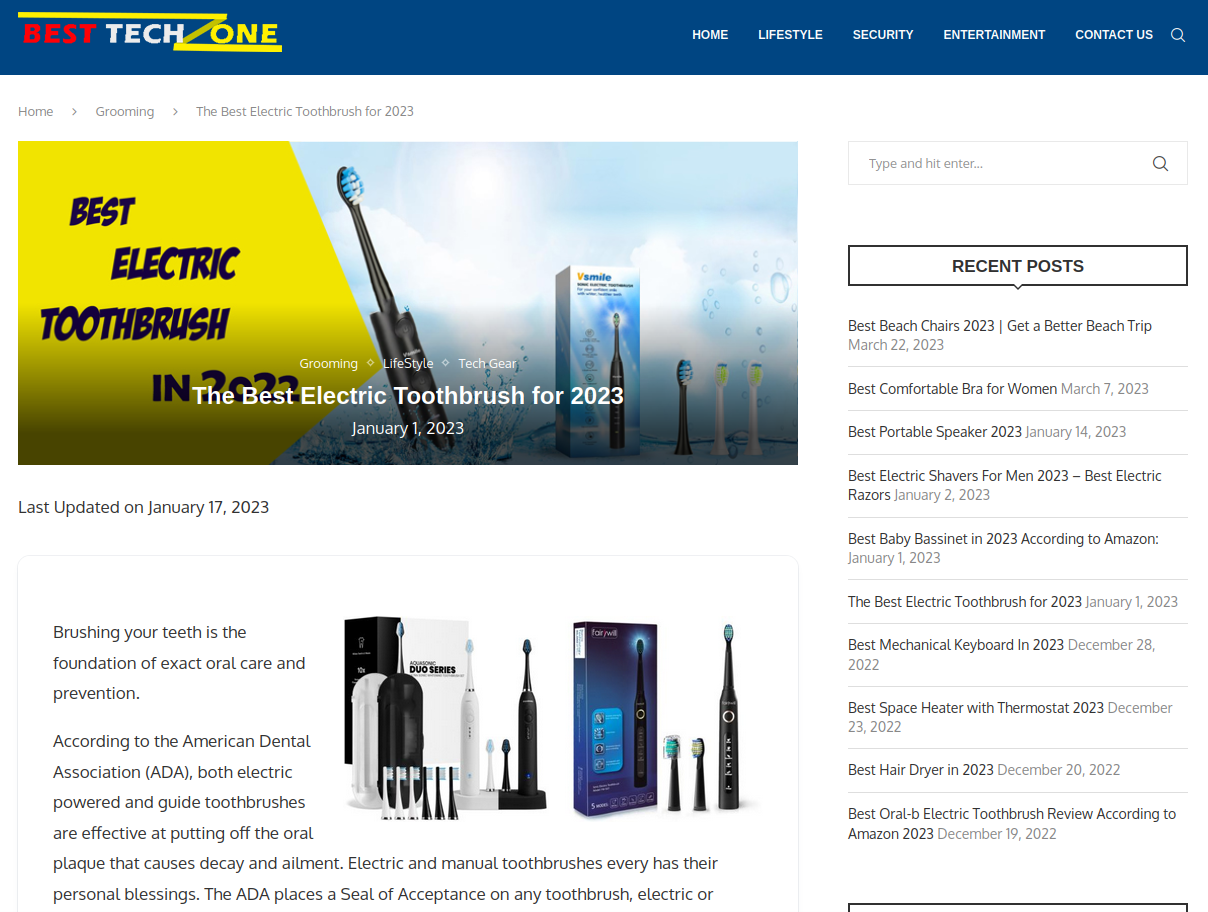 A website called “Best Tech Zone”, with a low-quality article about electric toothbrushes.